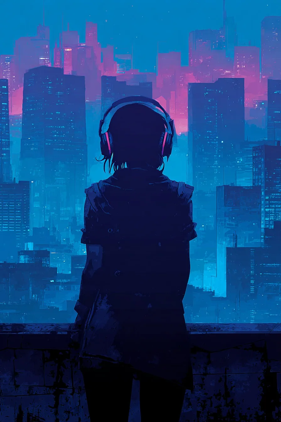 Постер «Киберпанк силуэт у неонового города для геймера на стену»