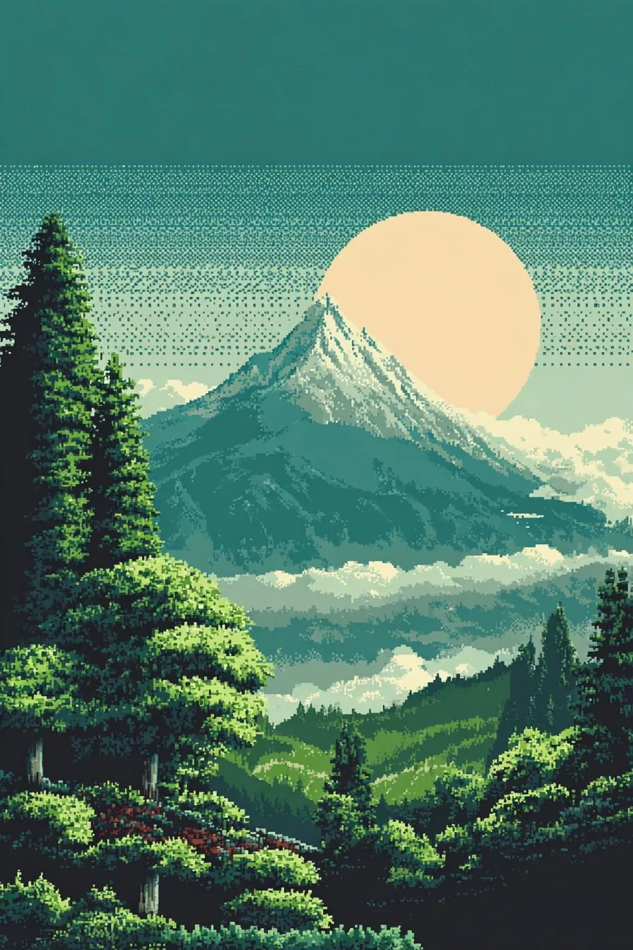 Постер «Интерьерный Пиксельный пейзаж зеленый»